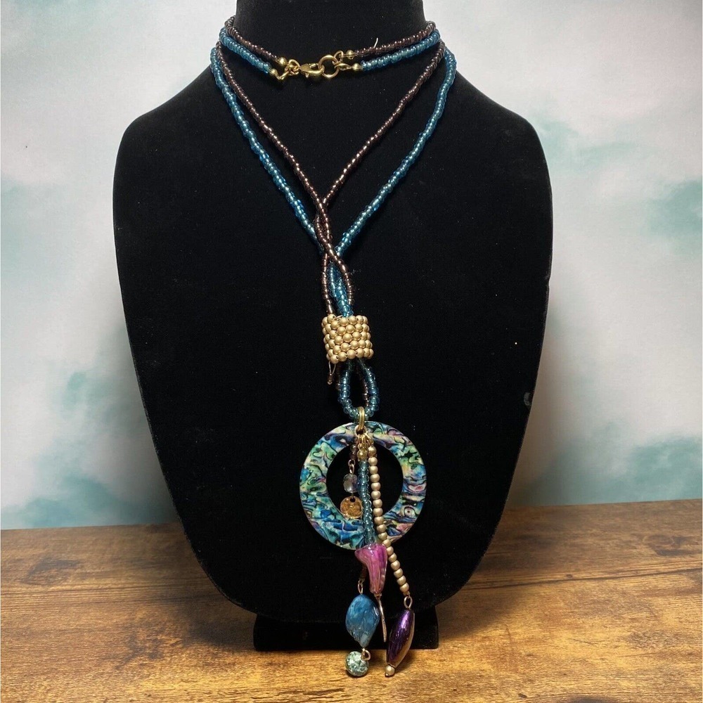 Necklace Long Glass Beads Pendant Metal Dangles Two Stands Blue Eggplant 34”